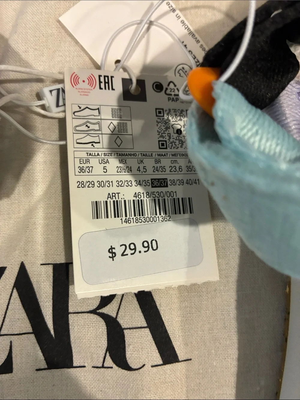 ZARA Light Blue, White & Black Sport Sandals with Orange Accents girl, size 5 nw